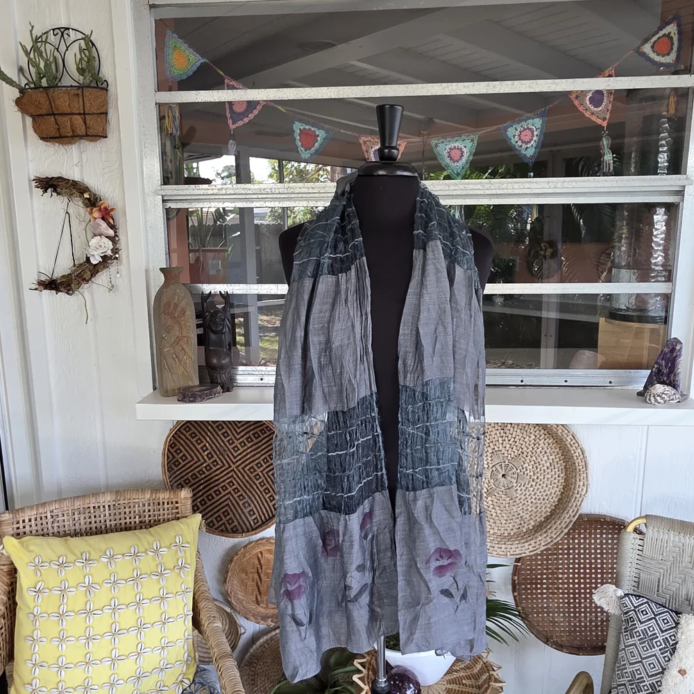 Fairy Wrap Bohemian Vintage Gray Gauze Scarf Patchwork Boho Chic - Picture 6 of 10